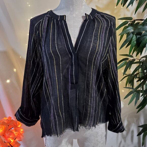Michael Stars Black Beach Stripe Sheer Cropped Raw Hem Blouse Coverup Women's XS - Picture 1 of 9